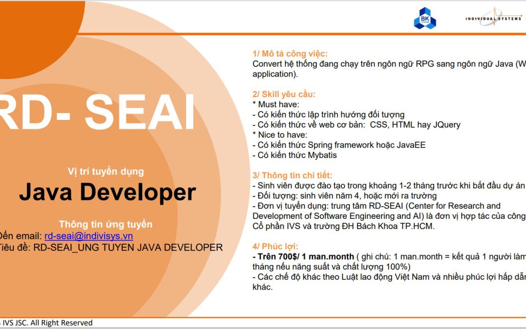 [Hỗ trợ truyền thông] Công ty RD-SEAI tuyển dụng Java Developer