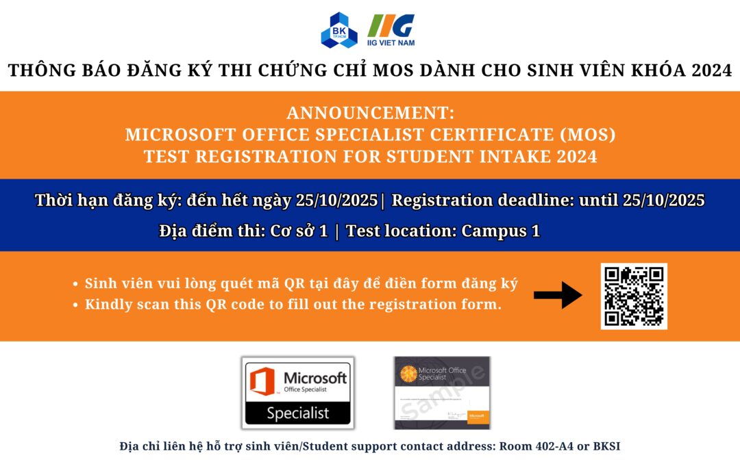 [VP.ĐTQT] THÔNG BÁO ĐĂNG KÝ THI CHỨNG CHỈ MOS KHÓA 2024