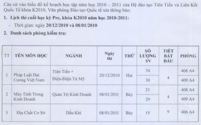 Lịch thi môn Pháp Luật ĐC VN,  Máy Tính Trong KD, Địa Chất CS khóa K2010