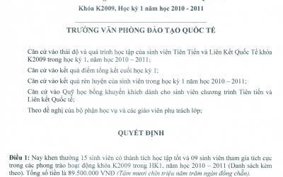 QUYẾT ĐỊNH KHEN THƯỞNG SINH VIÊN KHÓA K09 HK 1 NĂM HỌC 2010-2011