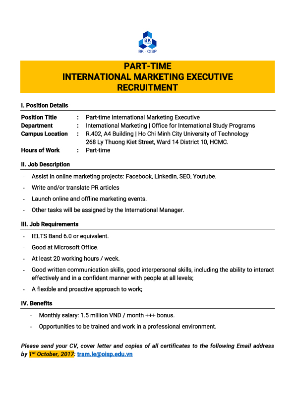 Part time Marketing Executive Recruitment 22Sep2017