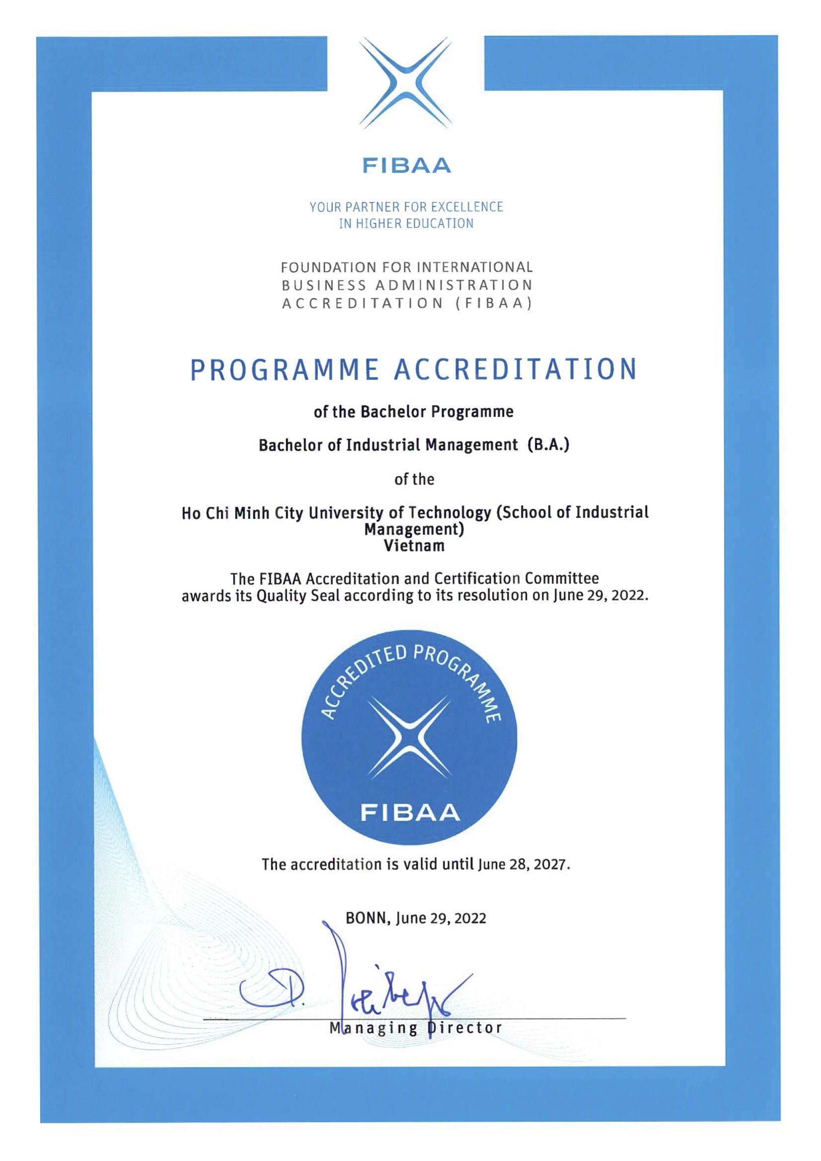 Quản lý Công nghiệp đạt kiểm định FIBAA